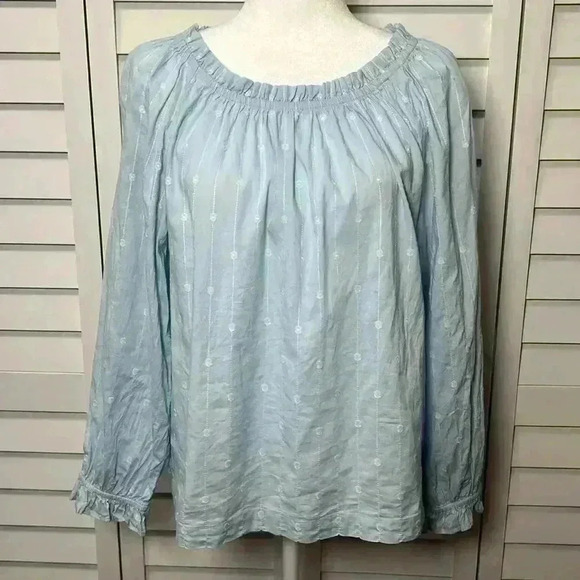 J. Crew Tops - J. Crew Embroidered Ruffle Tie Back Long Sleeve Top Size M Light Blue & White